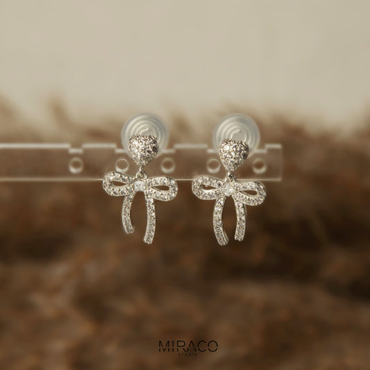 Silver Bow Dangle Earrings With Pave Diamonds, Non Pierced Heart Bow Clip-on Bridal Earrings