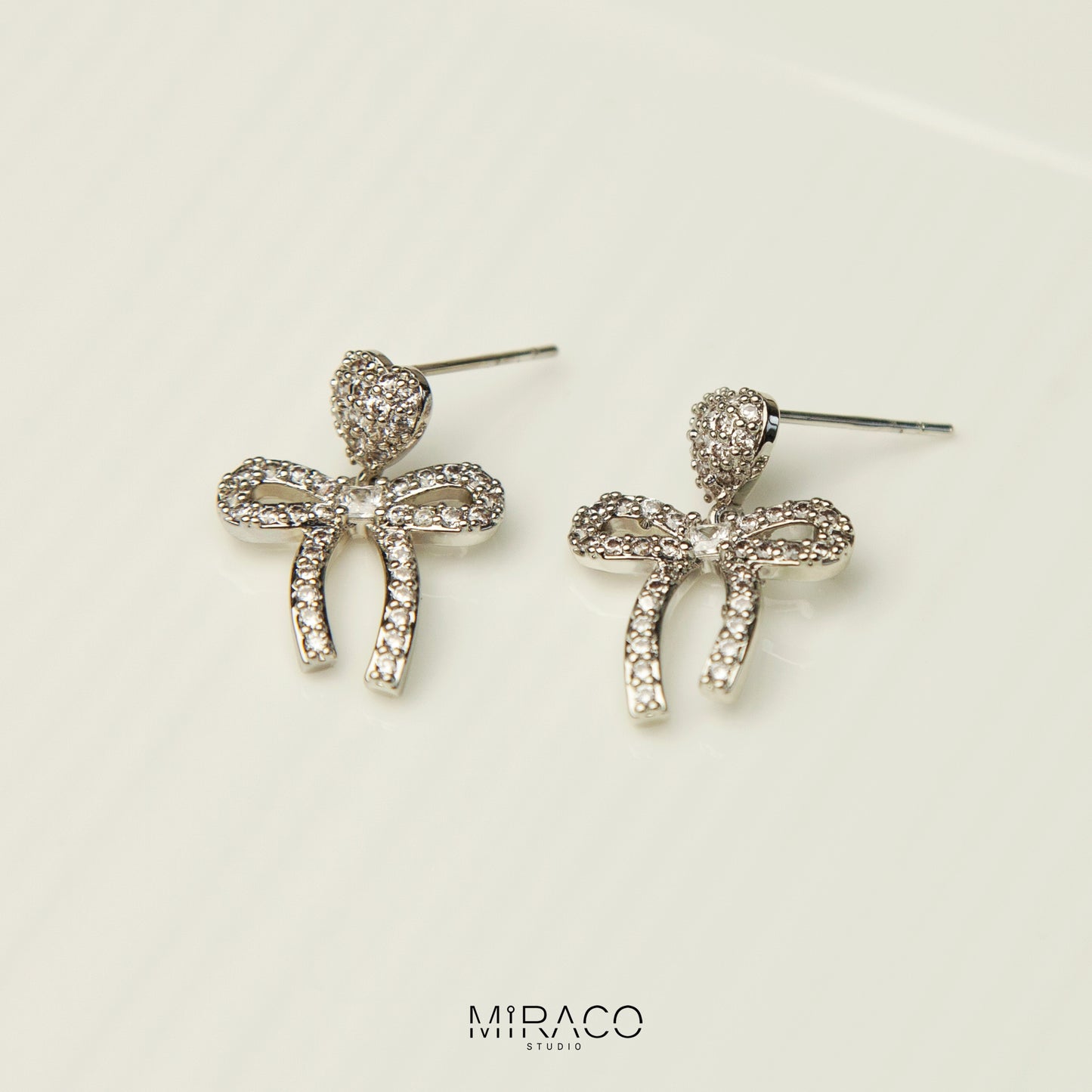 Silver Bow Dangle Earrings With Pave Diamonds, Non Pierced Heart Bow Clip-on Bridal Earrings