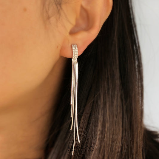 Silver Colour CZ Minimalist Earrings, Non Pierced Long Chain Tassel Earrings, Crystal Ear Clips