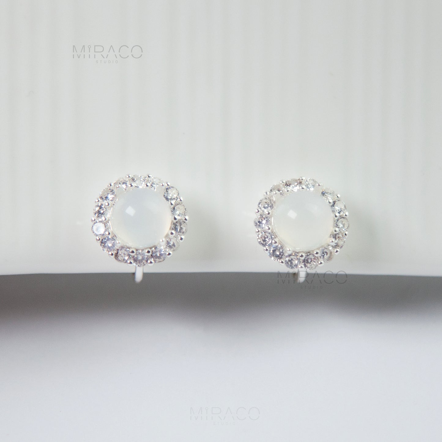 Silver Colour White Jade Look Studs Earrings, Round Clear Gem Stone Stud Non Pierced Earrings
