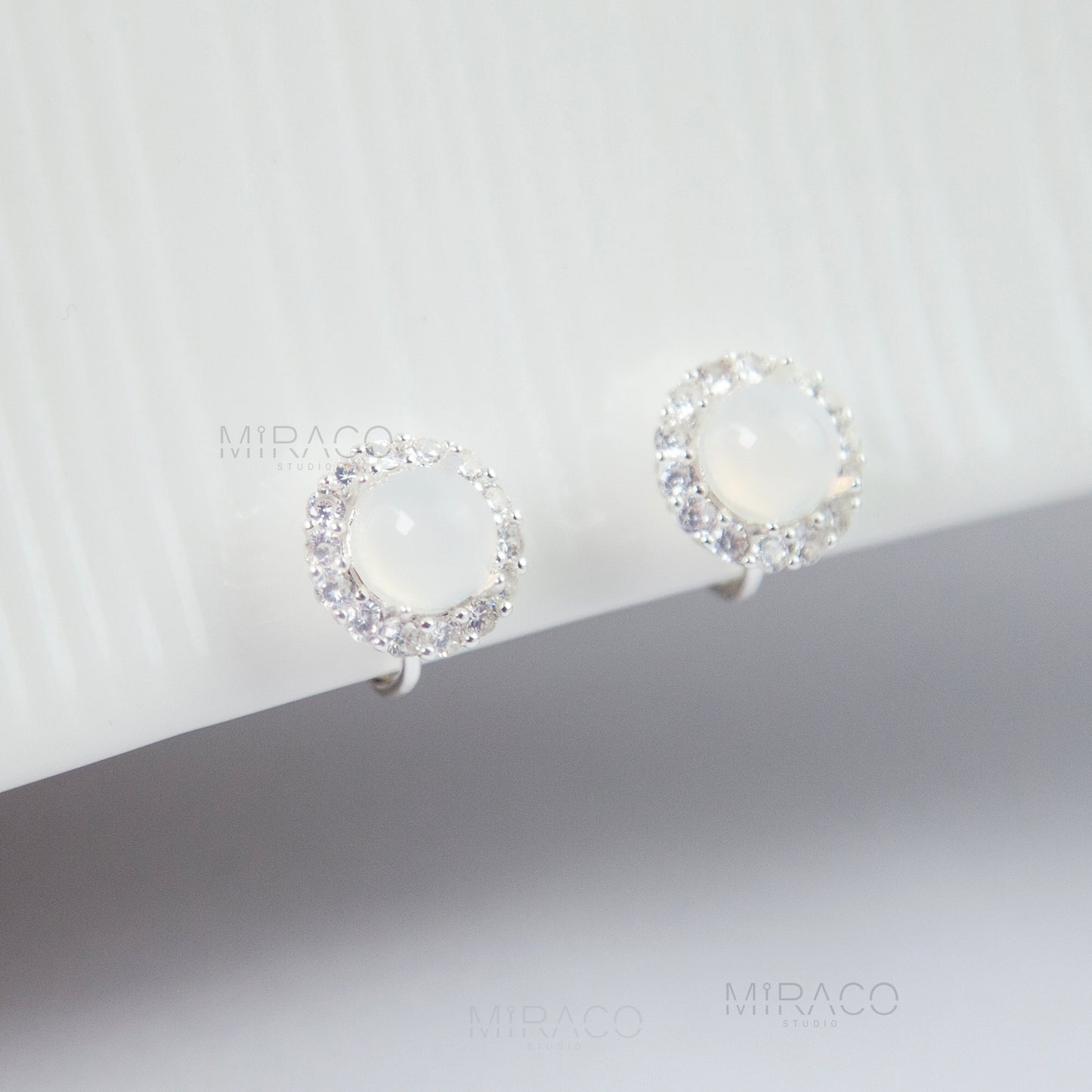 Silver Colour White Jade Look Studs Earrings, Round Clear Gem Stone Stud Non Pierced Earrings