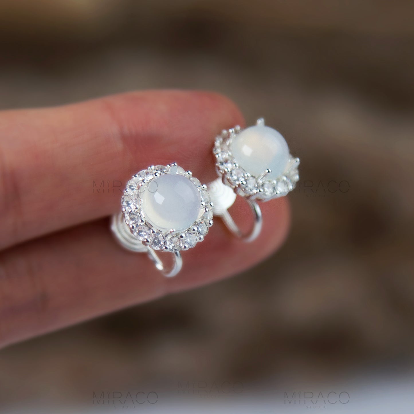 Silver Colour White Jade Look Studs Earrings, Round Clear Gem Stone Stud Non Pierced Earrings