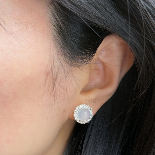 Silver Colour White Jade Look Studs Earrings, Round Clear Gem Stone Stud Non Pierced Earrings