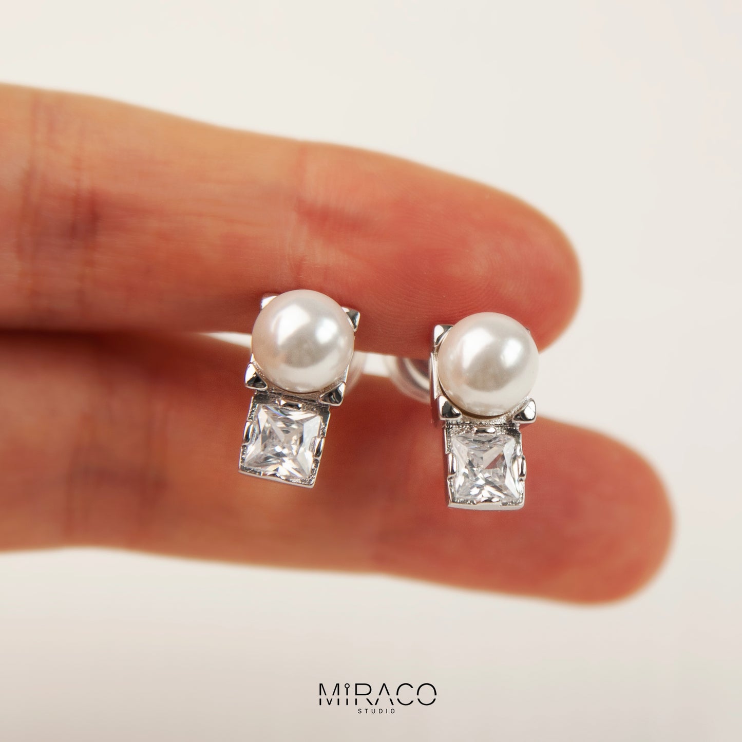 Silver Crystal Clip On Stud, Non Pierced Earrings, White Pearl Ear Clip Studs, Bridal Studs