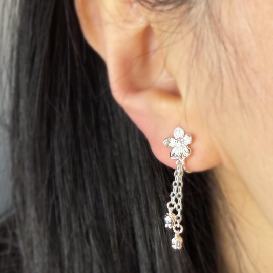 Silver Daisy Flower Drop Earrings with Tassels, Dainty Flower Drop & Dangle Non Pierced Earrings