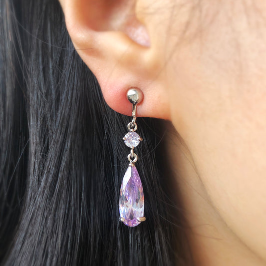 Silver Purple Crystal Dangle Teardrop Diamonds Wedding Earrings Screw Back Non Pierced or Pierced