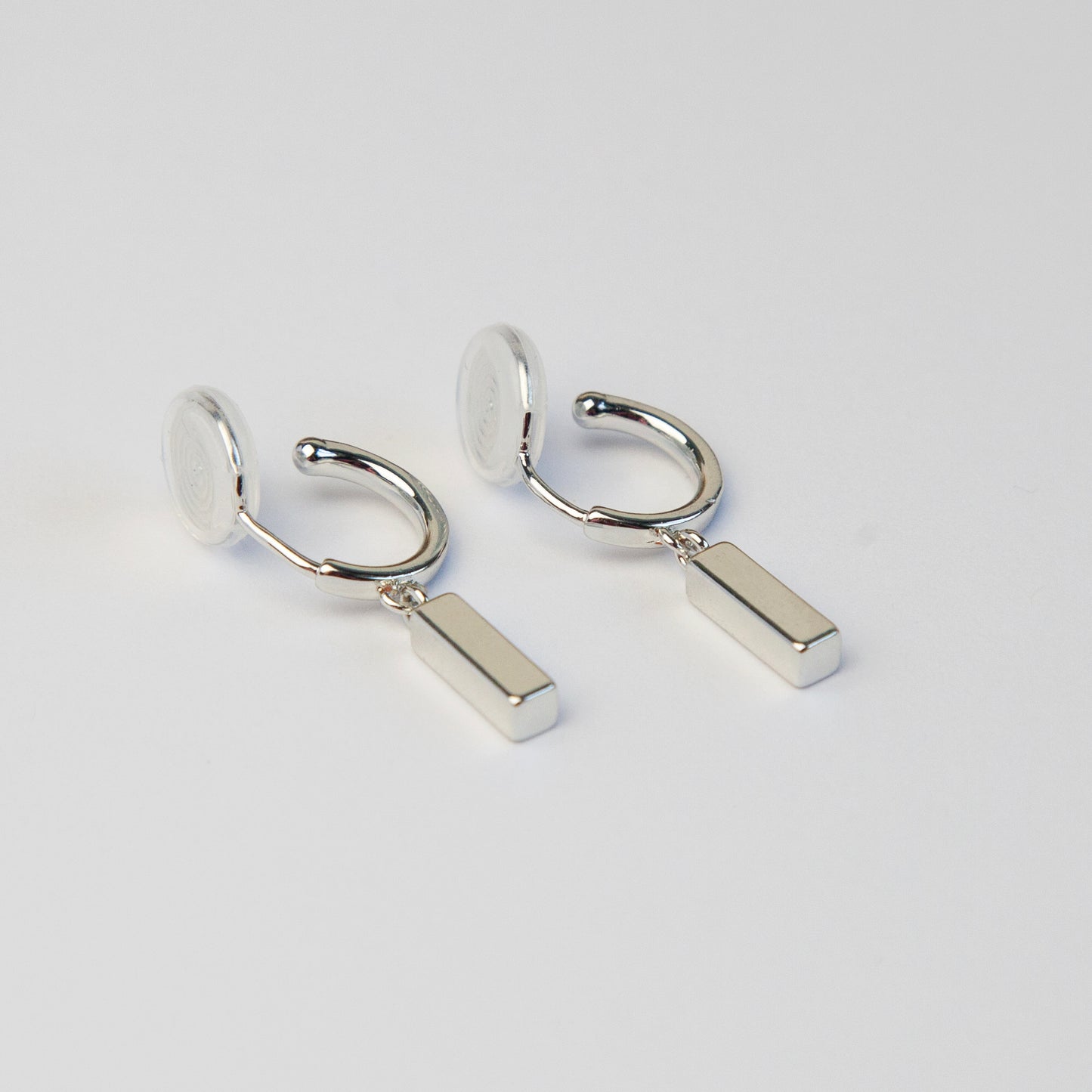 Silver Small Hoop Dangle Earrings with Rectangle Cubes, Invisible Clip On Drop Earrings, Non Pierced Minimalist Silver Clip On Earrings