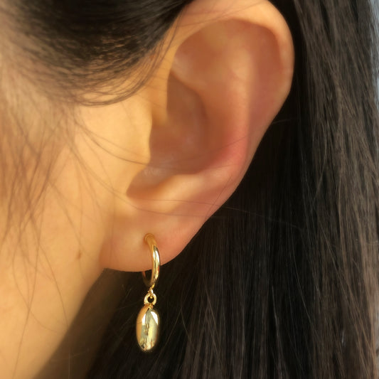 Silver or Gold Small Hoop Dangle Earrings with Oval Ball, Invisible Clip On Drop Earrings, Non Pierced Minimalist Silver Clip On Earrings