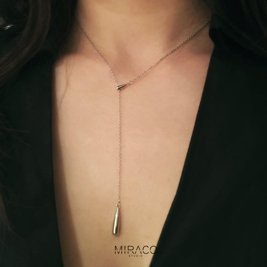 Simple Silver Bar Drop Lariat Gold or Silver Y Necklace, Delicate Minimalist Waterdrop Pendant Necklace