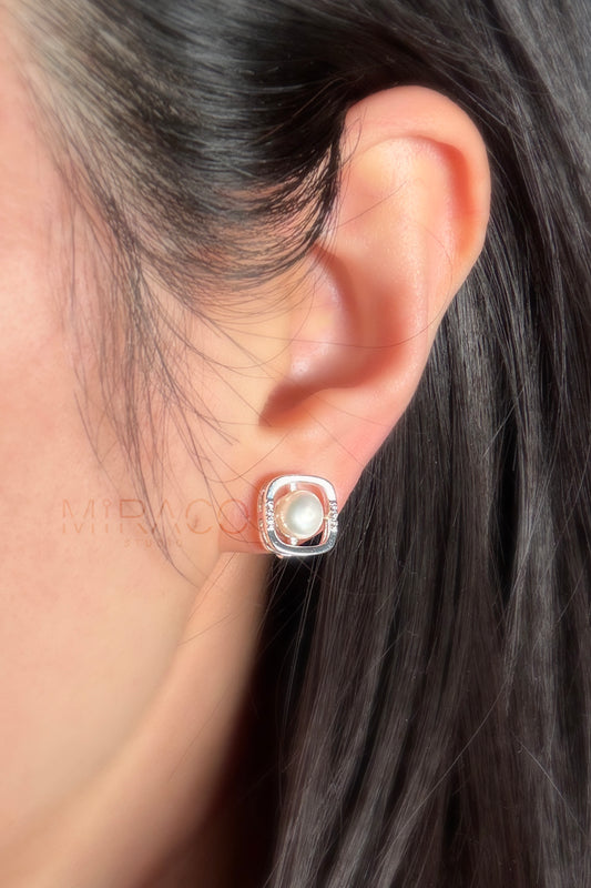 Square Freshwater Pearls Earring, Pain-free Non Pierced Square Circle Small Pearl Bridal Stud