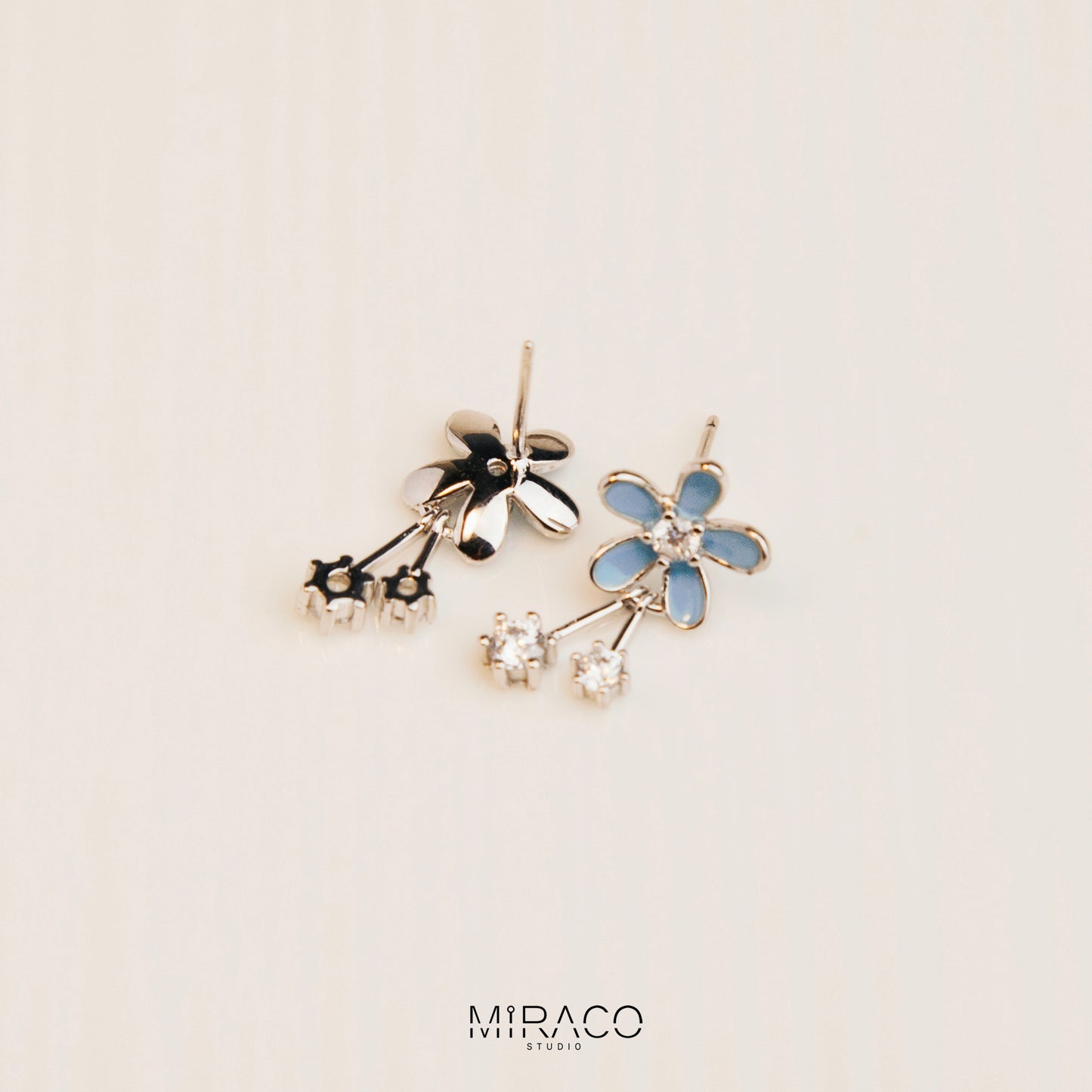 Sterling Silver Blue Flower Dangle Drop Earrings, Dainty Cherry Blossoms Earrings, Light Blue Sparkly Crystals Earring, Gift for her