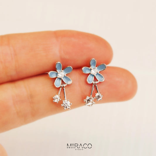 Sterling Silver Blue Flower Dangle Drop Earrings, Dainty Cherry Blossoms Earrings, Light Blue Sparkly Crystals Earring, Gift for her