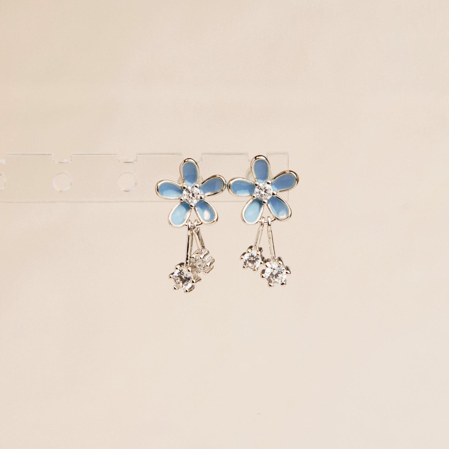 Sterling Silver Blue Flower Dangle Drop Earrings, Dainty Cherry Blossoms Earrings, Light Blue Sparkly Crystals Earring, Gift for her