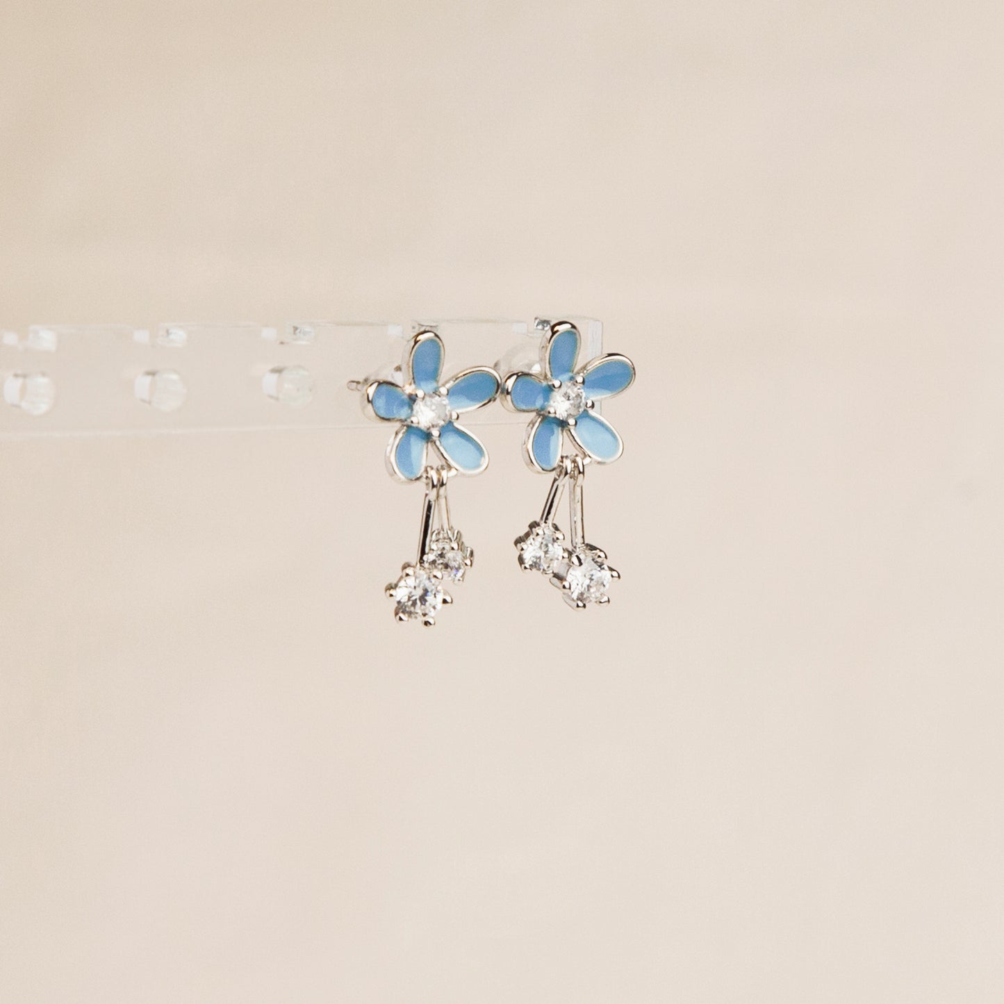 Sterling Silver Blue Flower Dangle Drop Earrings, Dainty Cherry Blossoms Earrings, Light Blue Sparkly Crystals Earring, Gift for her