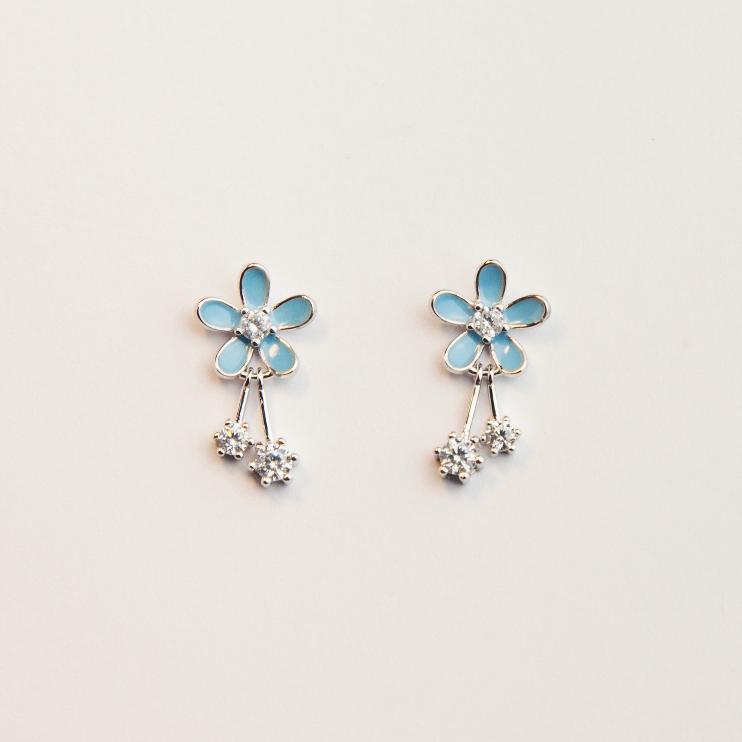 Sterling Silver Blue Flower Dangle Drop Earrings, Dainty Cherry Blossoms Earrings, Light Blue Sparkly Crystals Earring, Gift for her