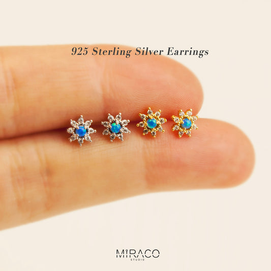 Sterling Silver Blue Gemstone Stud Earrings, Starburst Push Pin Earrings, Dainty Tiny Star Blue Diamond Tragus Stud, CZ Flower Studs Helix
