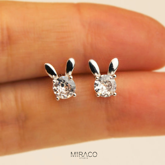 Sterling Silver Bunny Stud Earrings, Rabbit CZ Studs Earrings, Dainty Diamond Bunny Studs Earrings, Crystal Studs Earrings