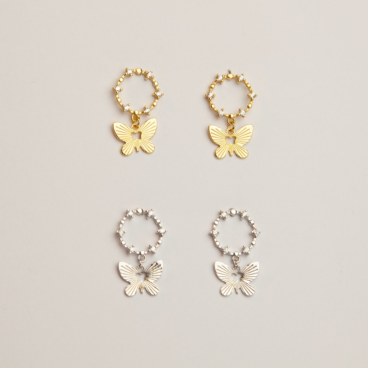 Sterling Silver Butterfly Dangle Drop Earrings, Delicate Butterfly Open Circle Earrings, Gold or Silver Butterfly CZ Crystal Wreath Earrings