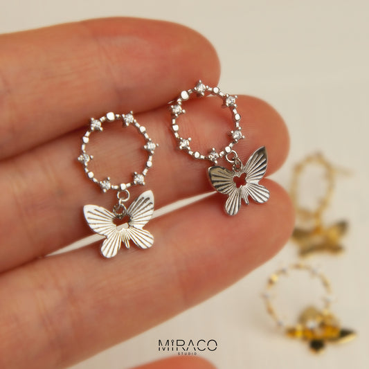 Sterling Silver Butterfly Dangle Drop Earrings, Delicate Butterfly Open Circle Earrings, Gold or Silver Butterfly CZ Crystal Wreath Earrings