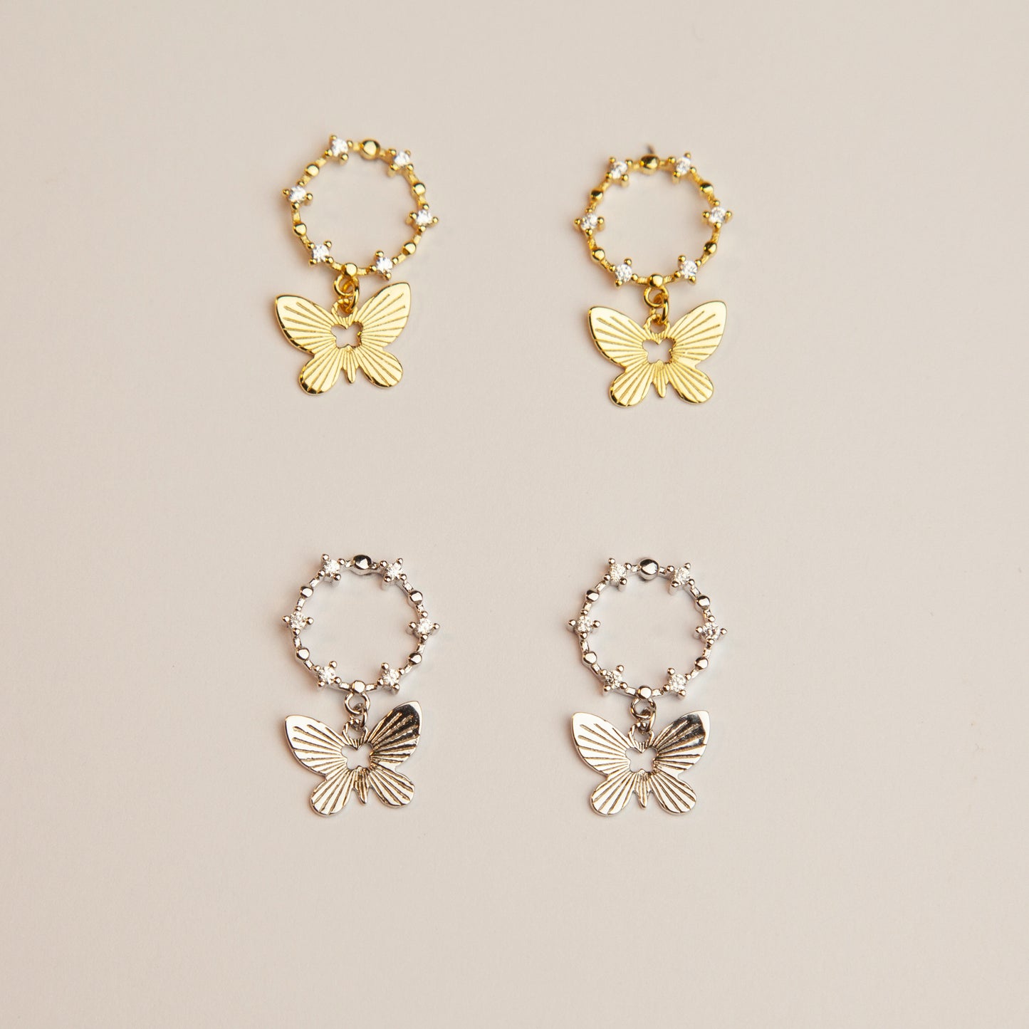 Sterling Silver Butterfly Dangle Drop Earrings, Delicate Butterfly Open Circle Earrings, Gold or Silver Butterfly CZ Crystal Wreath Earrings