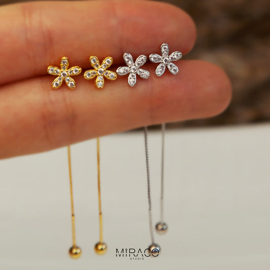 Sterling Silver Cute Small Five-Petaled Flower Threader Earrings with Tiny Pave Diamonds and Secure Screw Back, CZ Crystal Flower Threader Earrings, Cherry Flower Bauhinia Threader Earrings