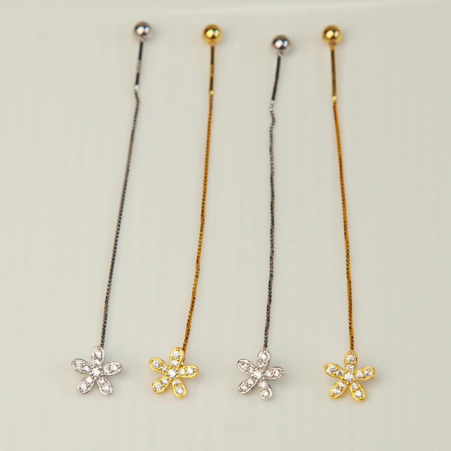 Sterling Silver Cute Small Five-Petaled Flower Threader Earrings with Tiny Pave Diamonds and Secure Screw Back, CZ Crystal Flower Threader Earrings, Cherry Flower Bauhinia Threader Earrings