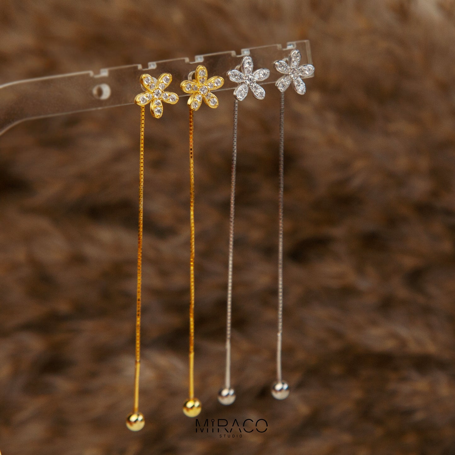 Sterling Silver Cute Small Five-Petaled Flower Threader Earrings with Tiny Pave Diamonds and Secure Screw Back, CZ Crystal Flower Threader Earrings, Cherry Flower Bauhinia Threader Earrings