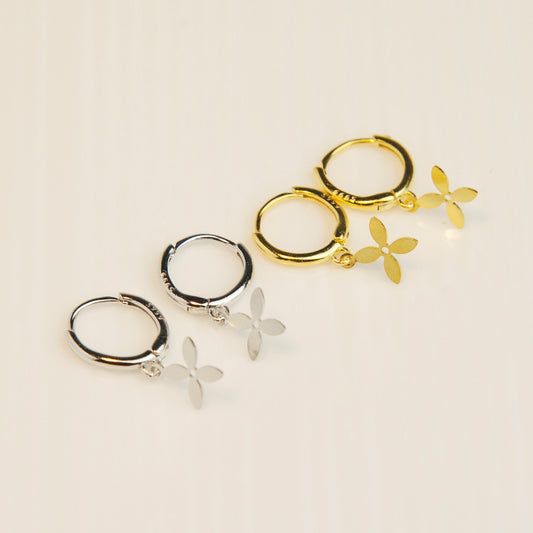 Sterling Silver Dangling Four Leaf Clover Huggie Hoop Earrings, Flower Drop Earrings in Gold and Silver, Clover Dangle Earring, Drop Huggies