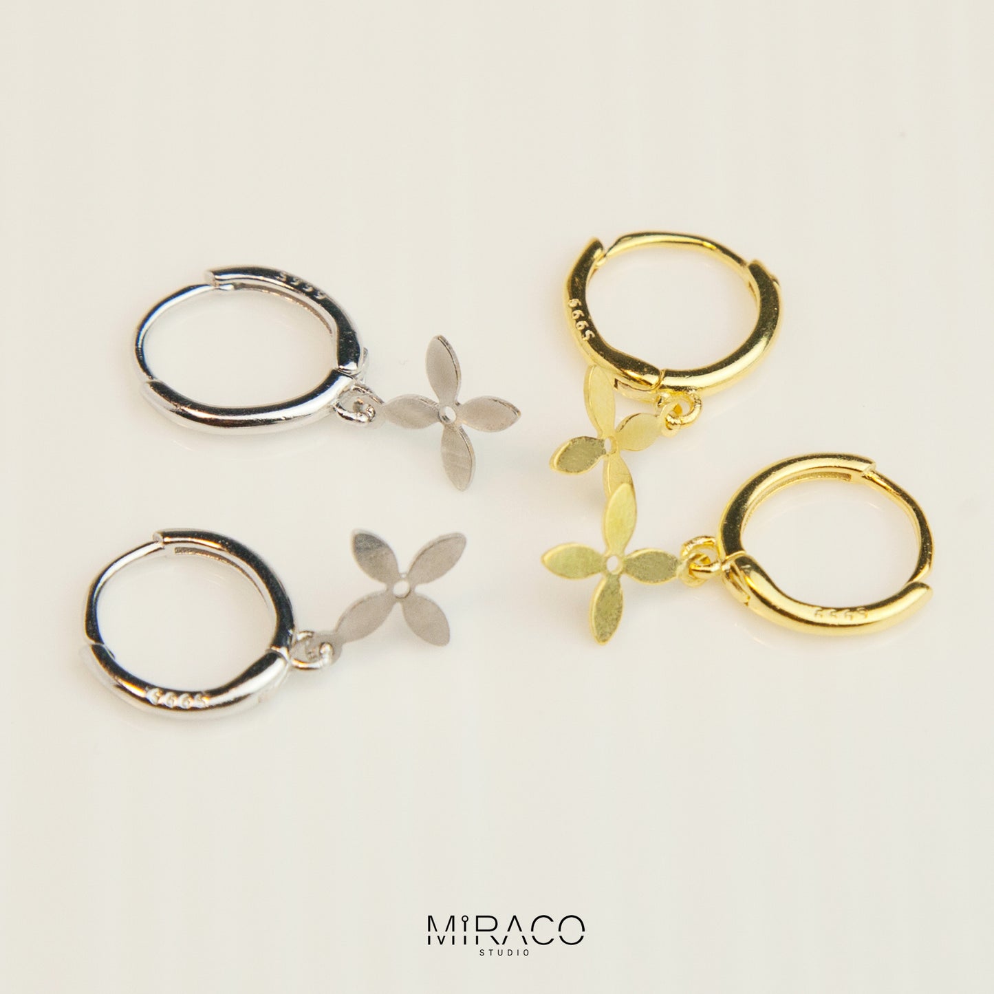 Sterling Silver Dangling Four Leaf Clover Huggie Hoop Earrings, Flower Drop Earrings in Gold and Silver, Clover Dangle Earring, Drop Huggies