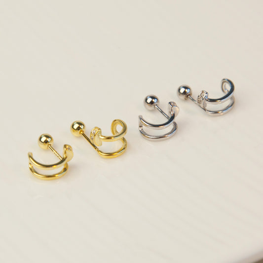 Sterling Silver Double Hoop Earrings, Wrap Around Earrings, Screw Ball Studs, Double Piercing Effect, Tiny Double Huggie Earring, Open Hoops