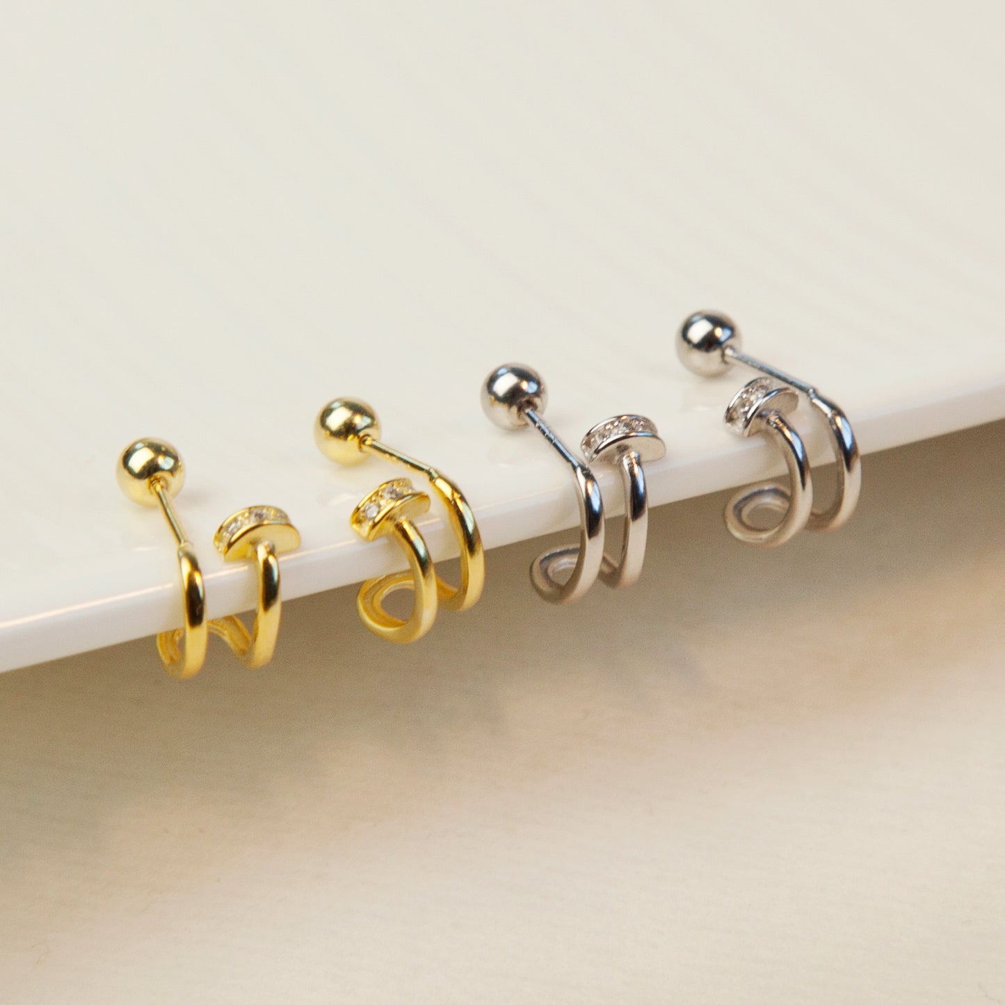 Sterling Silver Double Hoop Earrings, Wrap Around Earrings, Screw Ball Studs, Double Piercing Effect, Tiny Double Huggie Earring, Open Hoops