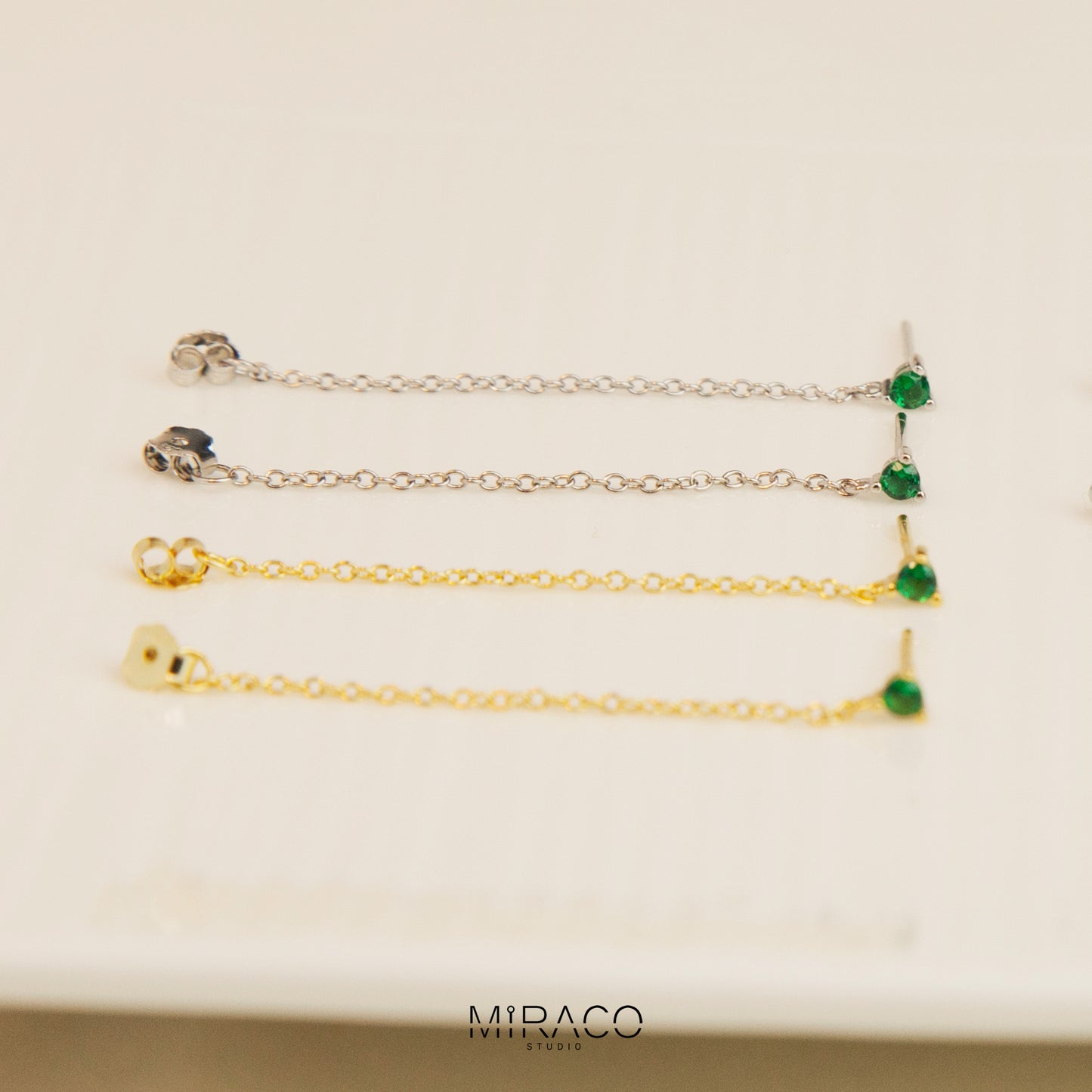 Sterling Silver Drop Chain Earring, CZ Stud with Chain, Dangle Hoop Chain Studs, Multiple Piercing Earring, Black or Green Stone Stacking