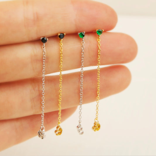 Sterling Silver Drop Chain Earring, CZ Stud with Chain, Dangle Hoop Chain Studs, Multiple Piercing Earring, Black or Green Stone Stacking