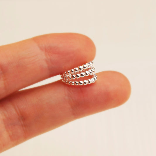 Sterling Silver Ear Cuff, Triple Hoops Ear Cuff, Small Bead Cuff Ear Wrap, Minimalist Sterling Silver Ear Cuff, Ear Cuffs For Unpierced Ears