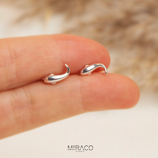 Sterling Silver Fish Stud Earrings, S999 Silver Screw Back Koi Fish Earrings, Little Whale Dolphin Shark Studs, Lucky Animal Earrings
