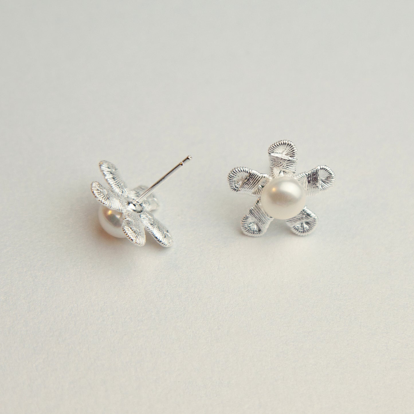 Sterling Silver Flower Stud Earrings Silver Stud Earrings Genuine Pearl Flower Stud Earrings Modern Minimalist Earrings Cherry Flower Studs