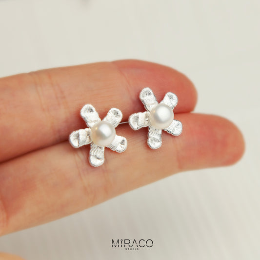 Sterling Silver Flower Stud Earrings Silver Stud Earrings Genuine Pearl Flower Stud Earrings Modern Minimalist Earrings Cherry Flower Studs