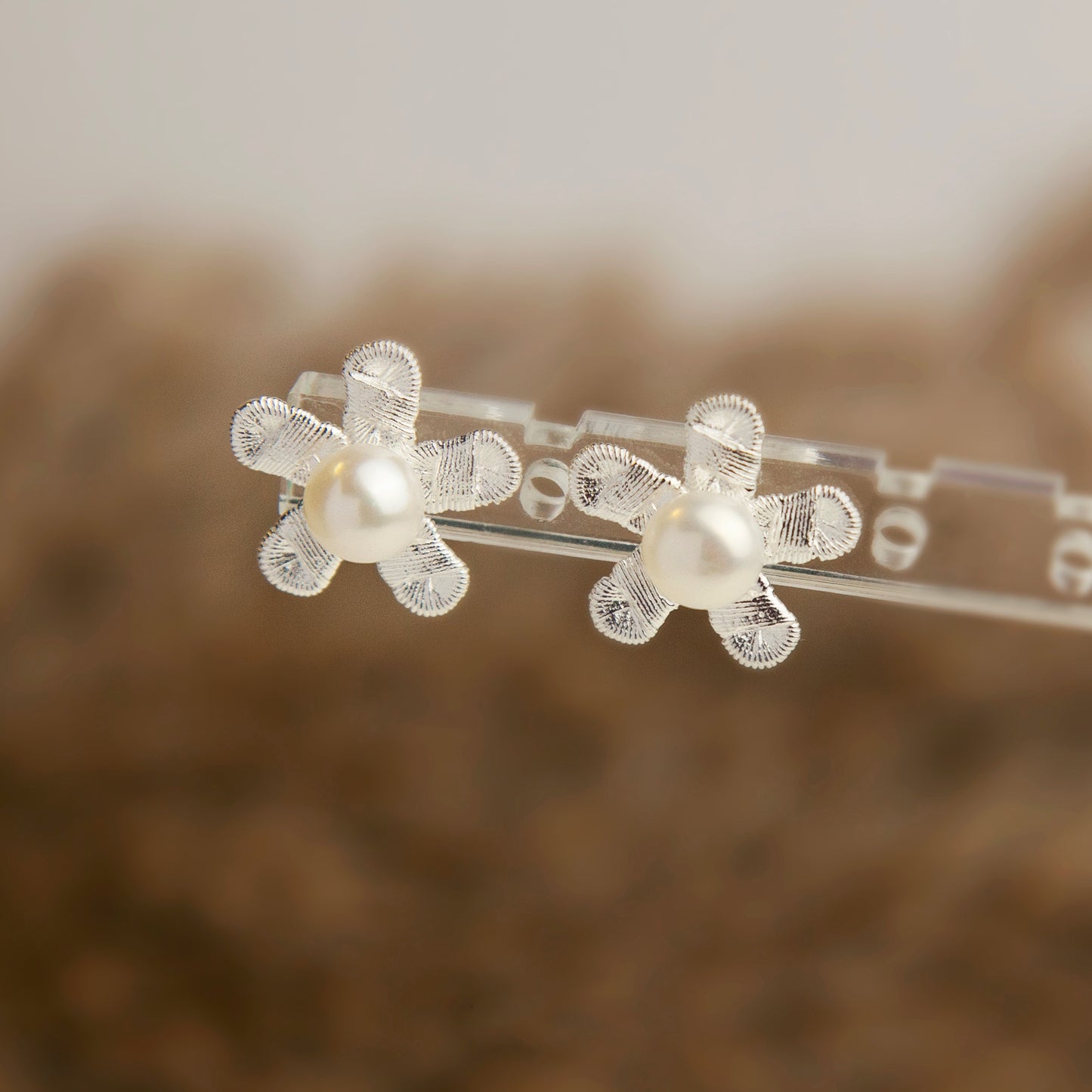 Sterling Silver Flower Stud Earrings Silver Stud Earrings Genuine Pearl Flower Stud Earrings Modern Minimalist Earrings Cherry Flower Studs