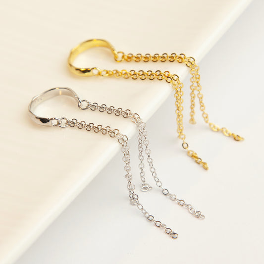 Sterling Silver Long Chain Earring Ear Cuff, Silver Wrap Cuff Earrings, Tassel Ear Cuff, Piercing Free Chain Earrings, Silver Wrap Earrings