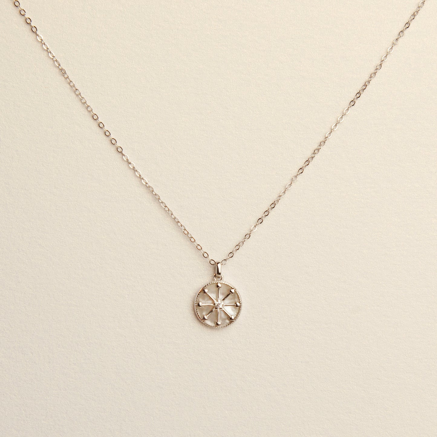 Sterling Silver North Star Compass Necklace, Silver North Star Pendant Necklace, Rose Gold Mother Of Pearl Round Pendant Necklace