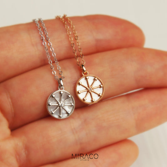 Sterling Silver North Star Compass Necklace, Silver North Star Pendant Necklace, Rose Gold Mother Of Pearl Round Pendant Necklace