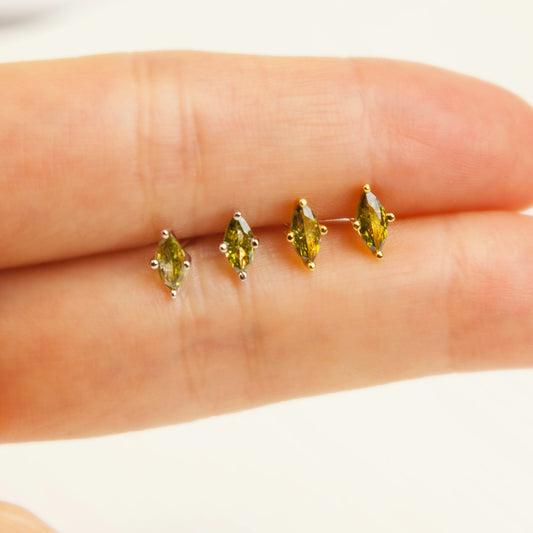 Sterling Silver Olive Green Stud Earrings, Rhombus Dainty Tiny Skinny Cartilage Earring, Stacking Helix Stud Crystal Gemstone Studs Piercing