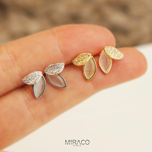 Sterling Silver Opal Leaves Stud Earrings, Dainty Diamond Olive Leaf Earrings, Silver Leaf Stud Earring, Marquise Leaf Studs Nature-Inspired