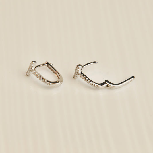 Sterling Silver Paved Hoop Earrings, Silver Oval Huggie Earrings, Dainty Small Silver Crystal Hoops, Sparkly Straight Post Hoops Minimalist