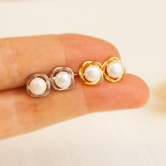 Sterling Silver Pearl Stud Earrings, Delicate Small White Pearl Studs, Timeless Classic Sterling Silver Pearl Flower Earring Screw Back