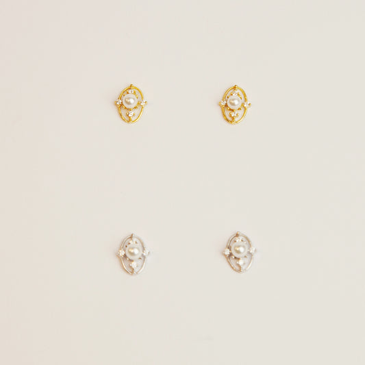 Sterling Silver Pearls Stud Earrings, White Pearl Oval Studs Earring, Dainty Crystal Hollowed-Out Earrings, Bridal Silver Retro Style Studs