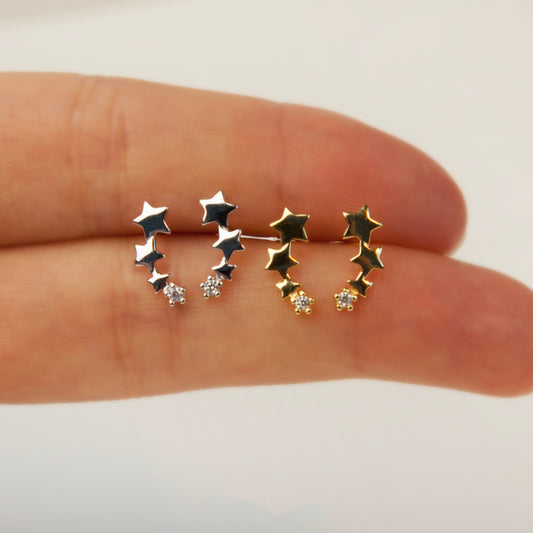Sterling Silver Small Star Quartet Earrings, Four Stars Studs, Shooting Star, Gold and Silver Celestial CZ Star Stud Earring, Ear Climber