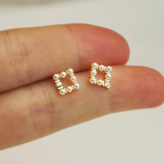 Sterling Silver Square Pearl Cluster Stud Earrings, White Pearl Studs Earring, Dainty Gold Small pearl studs, Square Studs