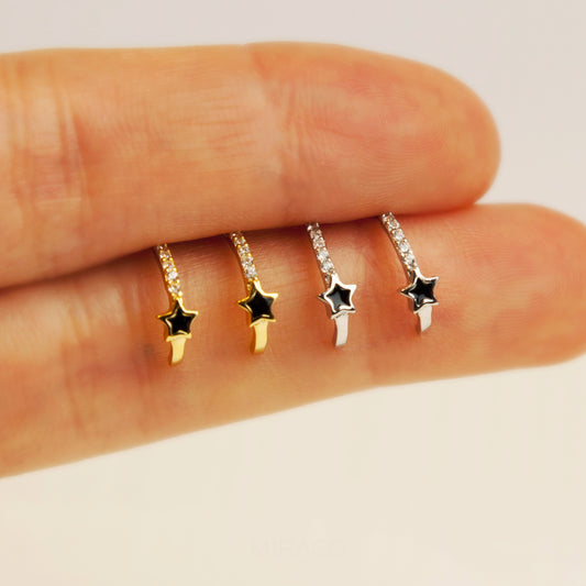 Sterling Silver Stud Earrings With Black Star, Small Star Open Hoops With Pave Diamonds, Tiny Sparkly CZ Huggie Earrings, Star Stud Earrings