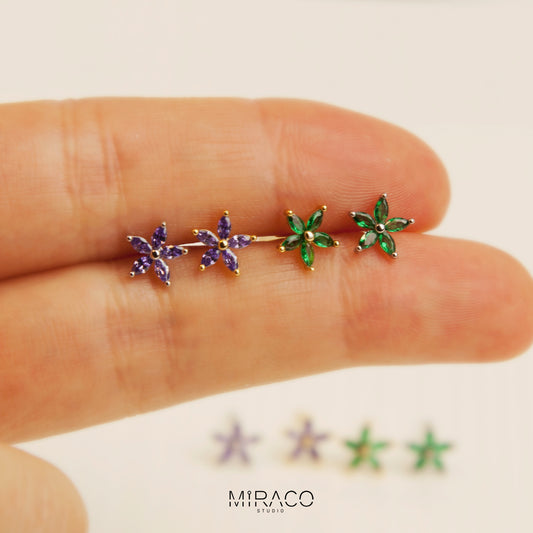 Sterling Silver Tiny Flower Stud Earrings, minimalist Emerald Flower CZ Dainty Earrings, Silver Flower Earrings, Green Purple Crystal Flower